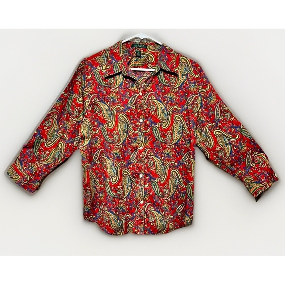 Lauren Ralph Lauren Paisley Button Front Shirt Red Multicolor XL 100% Cotton - Picture 2 of 9